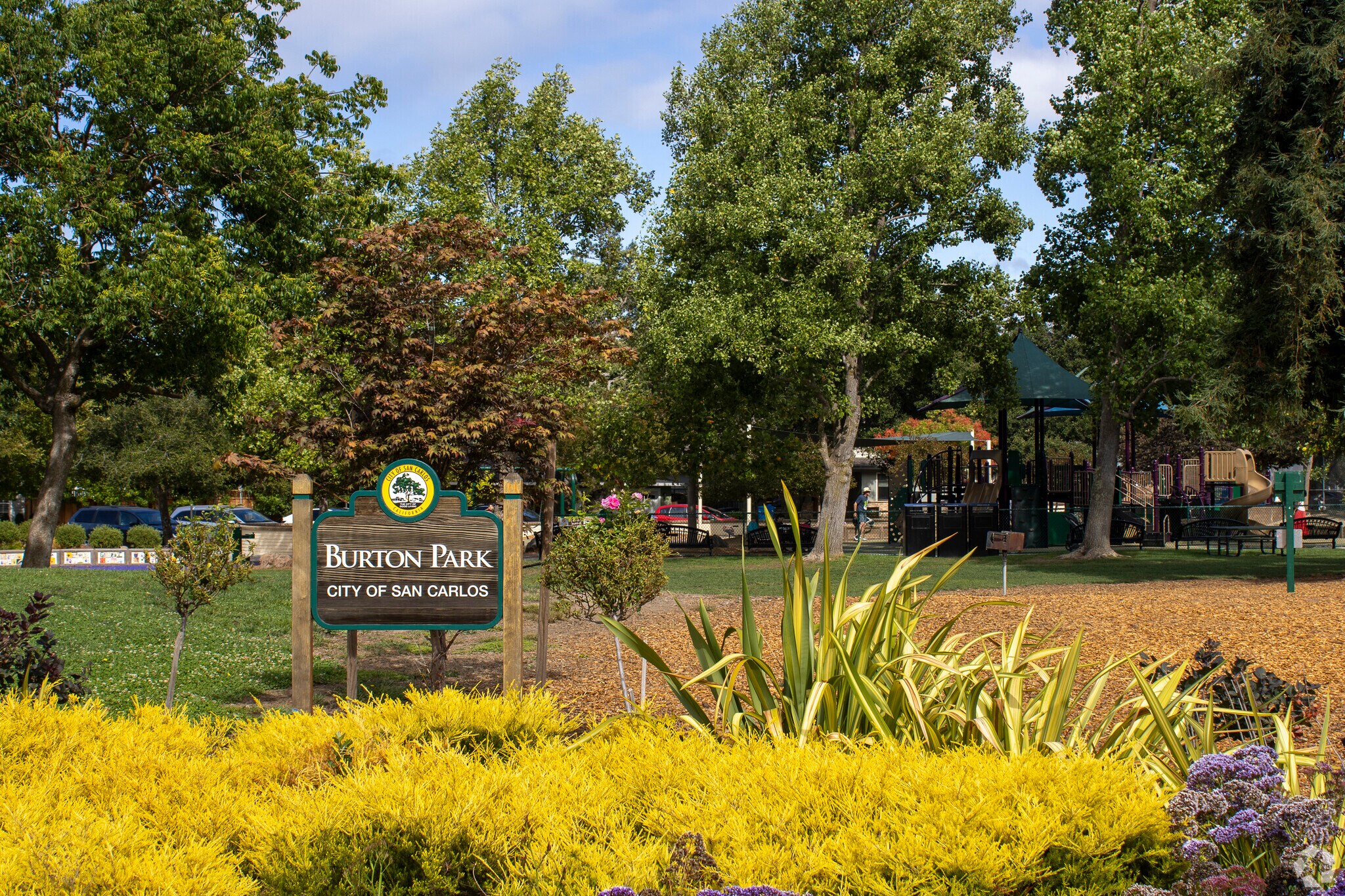 Burton Park features a playground for families in the neighborhood of San Carlos.