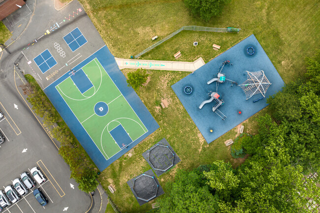 An aerial look-down view of outdoor play area at Glenwood Elementary, Short Hills, NJ.