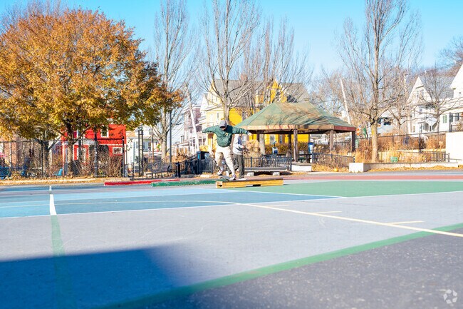 Porter Square residents can find a picnic shelter as well as a spot to skate at Somerville's Morse-Kelley Playground.