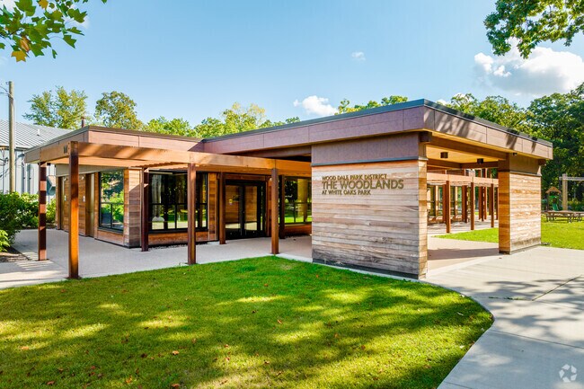 The Woodlands at White Oaks Park features a looped trail, gazebo, dog run, and a playground.