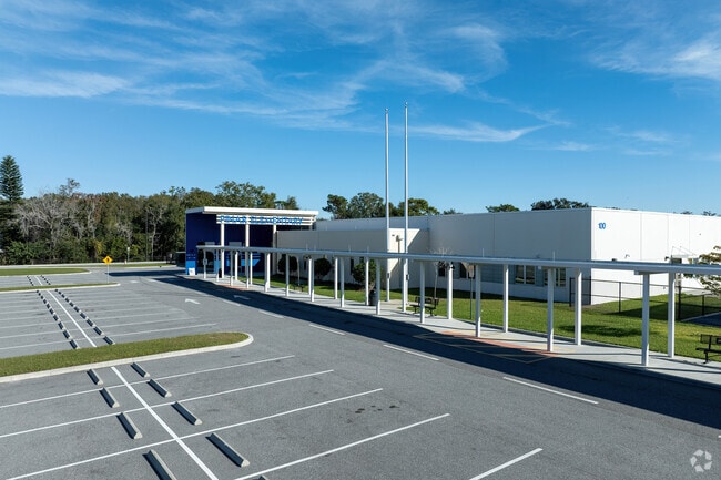 Pinar Elementary School has a large covered awning for safety during inclement weather.