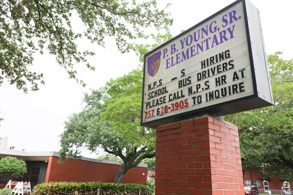 P.B. Young Sr. Elementary entrance sign displays school news and updates.
