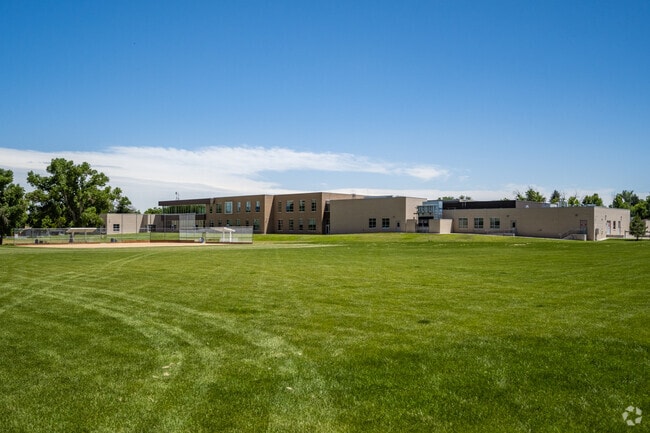 The baseball field and main building at Emerald Elementary School in Broomfield, Colorado.