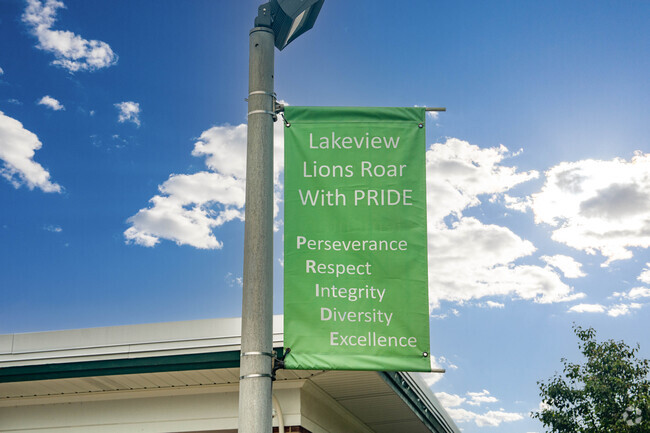 Lion pride sign at Lakeview Elementary School.