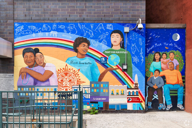 A mural encourages students at Sunset Park High School to be conscious of their community.