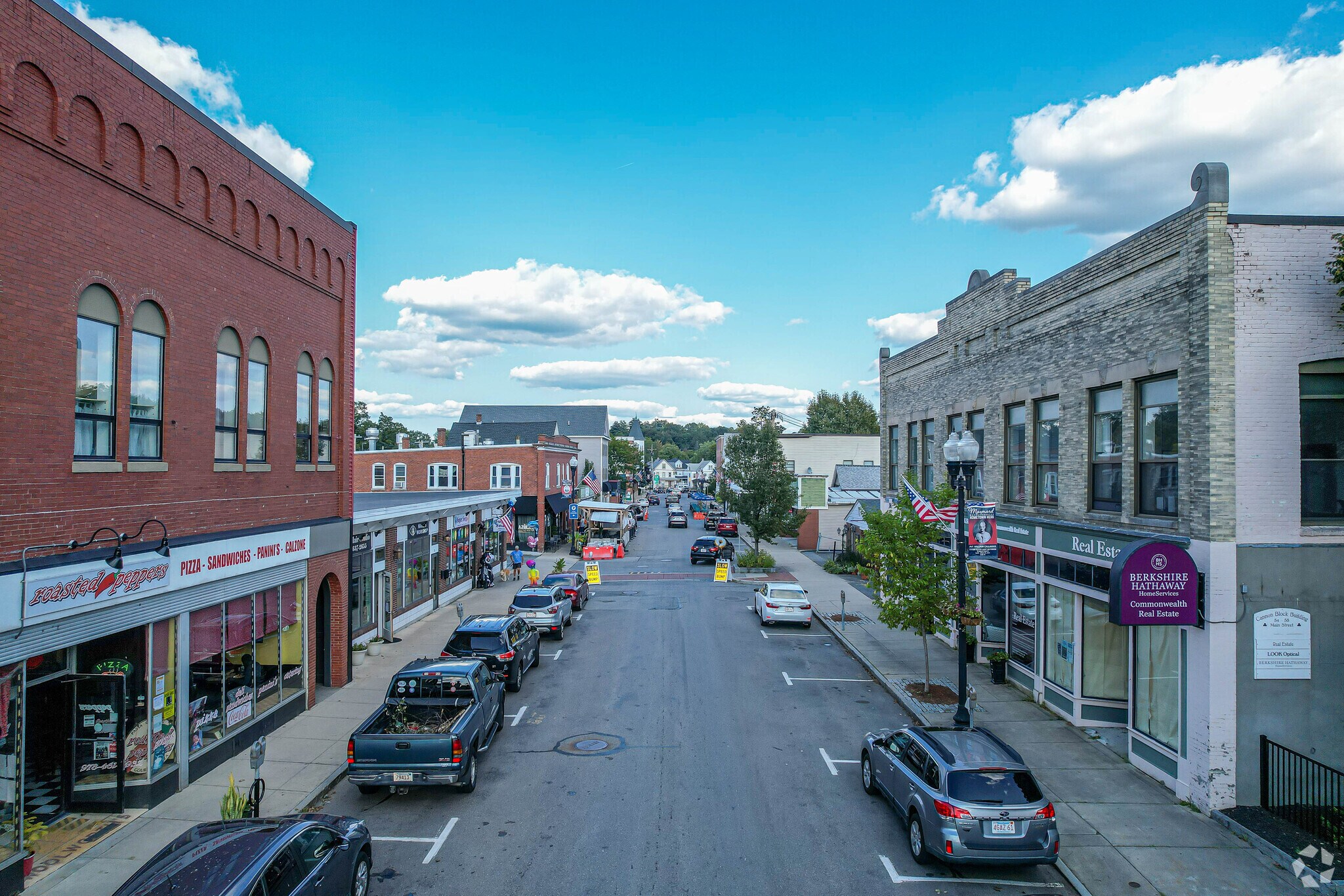 Main St in Maynard has many different dining options and easy available street parking.