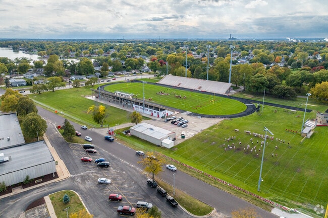 Aerial view of Dragon Stadium in Morton, home to local football and track events.