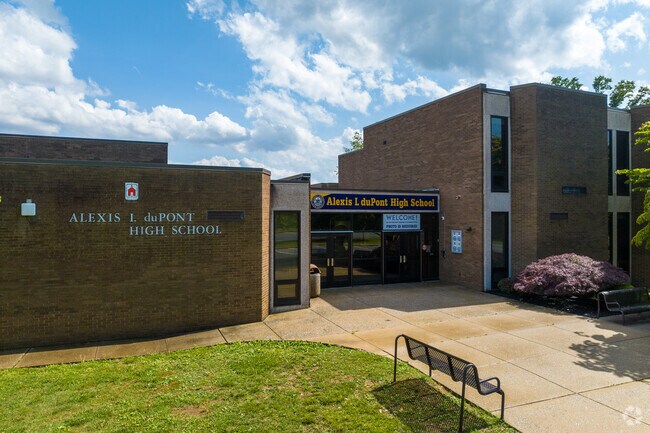 The main entrance to Alexis I. duPont High School.