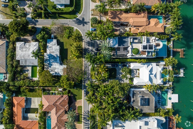 Island homes boast panoramic water views across Biscayne Bay.
