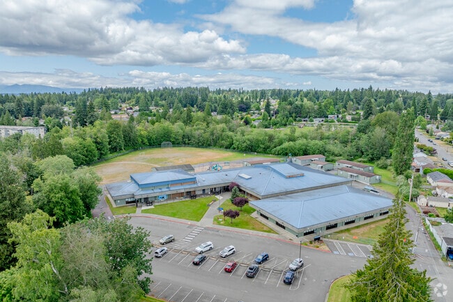 Aerial views of school and parking at Armin Jahr Elementary School.