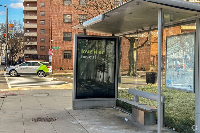 Bus stop in front of Waterfront Academy