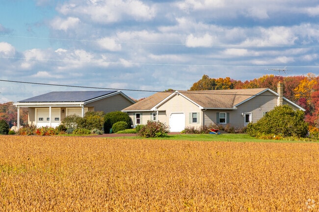 Many residents live in ranch homes with detached garages surrounded by golden fields.
