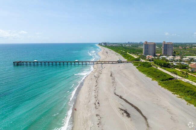 An aerial overview of the beach and Juno Pier in The Bluffs.