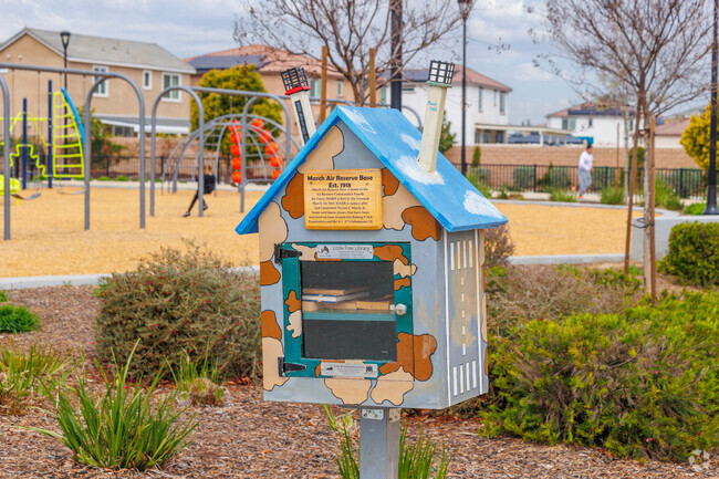 A mini library greets park goers at Santiago Park, a few minutes from Bethune, with a commemoration of March Air Force Reserve Base.