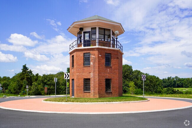 An old guard tower from the Lorton Reformatory now serves as a roundabout.