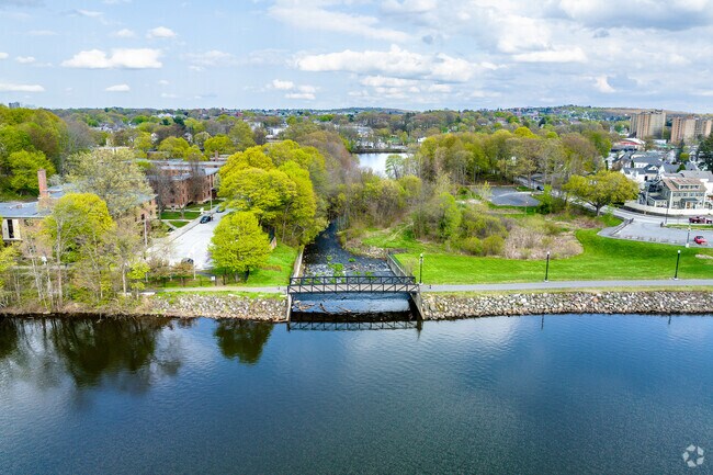 Aerial view of the walking bridge at Coes Reservoir Boardwalk.