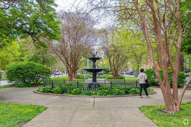 Take a quiet walk along the monuments, fountains and flowers at Eutaw Place Median Park.