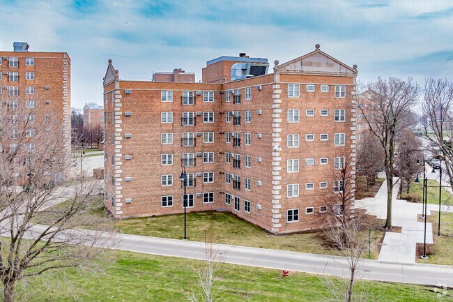 Red brick apartment buildings are common in Dearborn.