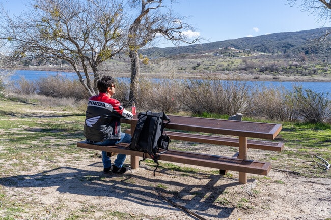 A motorcyclist stops to enjoy the lake at the Lake Elizabeth picnic area near Lake Hughes.
