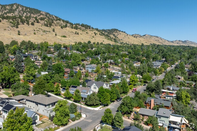 An aerial glimpse of Mapleton Hill: a patchwork of streets and rooftops beneath a wide sky.