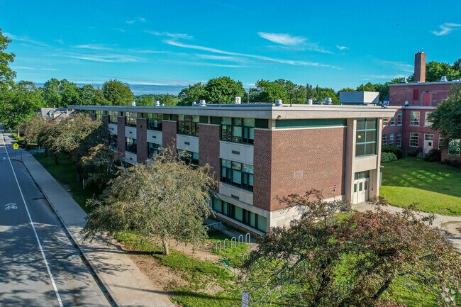View of main building at Wellesley Middle School in Wellesley.