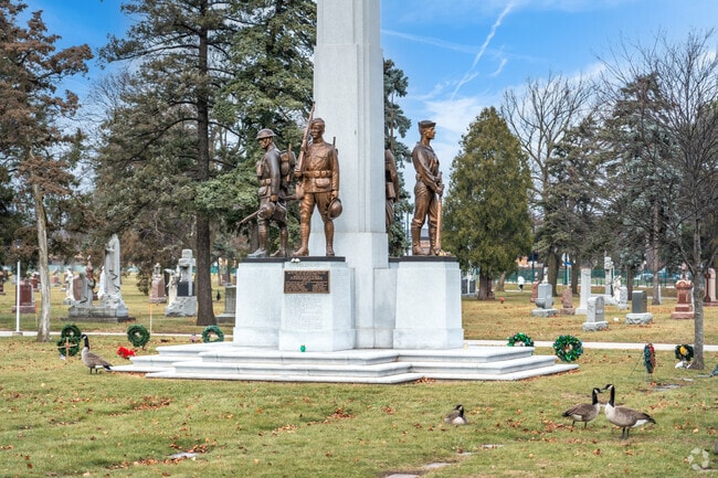 A large monument in Adalbert Cemetery in Bunker Hill honors soldiers.