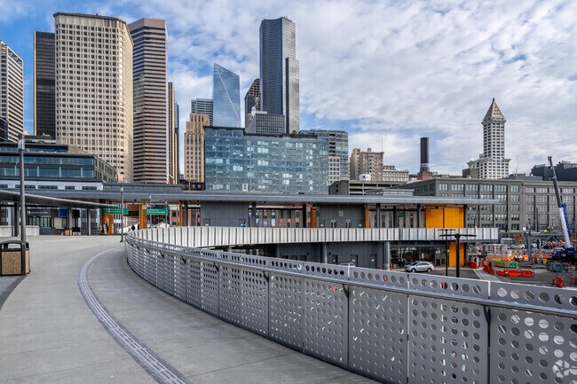High-rise condos in Downtown Seattle can be seen from the newly remodeled Ferry Terminal.