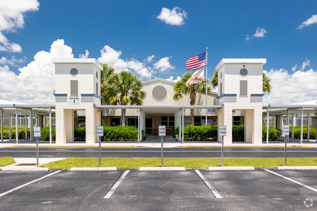 The front entrance to Veteran's Memorial Elementary School welcomes students in Naples.
