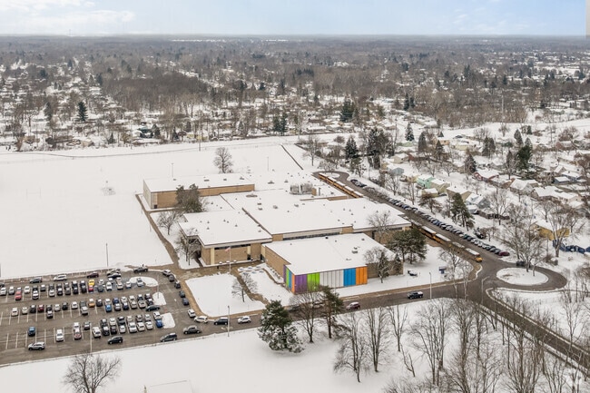 An aerial view of the entrance to Gardner International Magnet School.