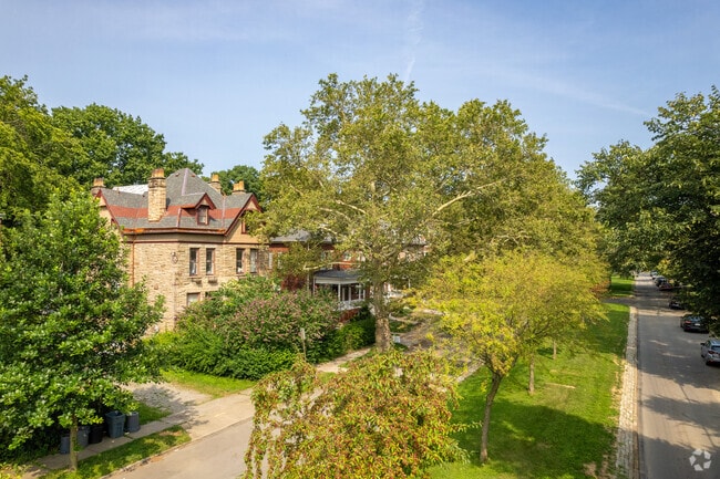 The residential streets of Point Breeze North have tree-lined greenways that run between homes.