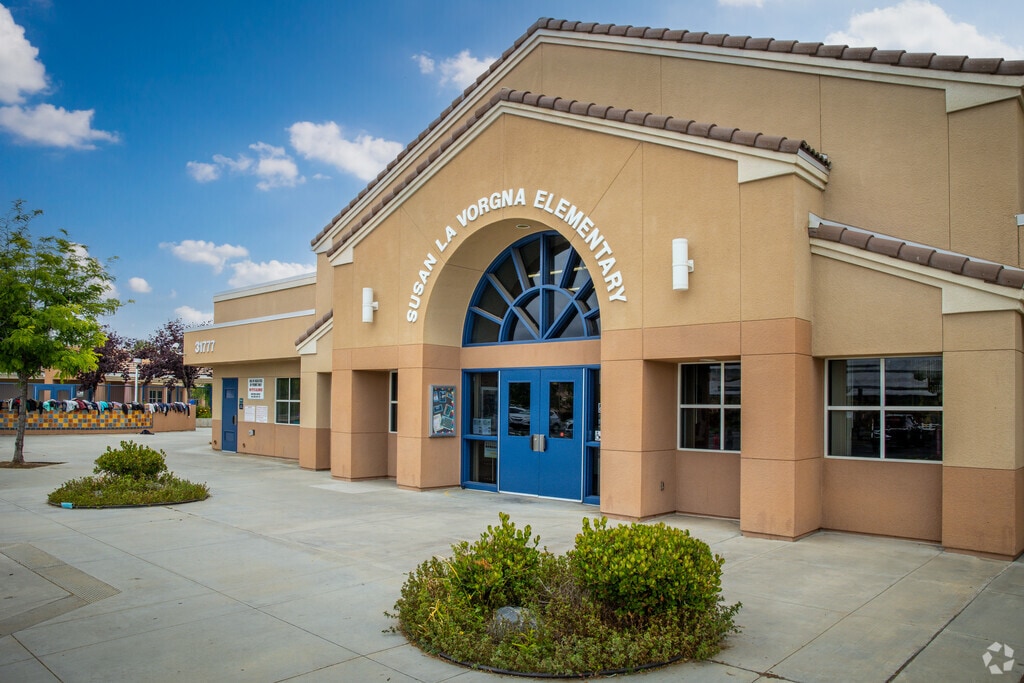 Front entrance with arched windows seen at Susan La Vorgna Elementary School in Winchester.