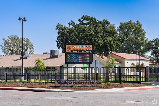 A large marquee greets students at the corner of Wasco High School.